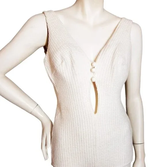 1970s True Vintage White One Piece Knit Swimsuit With A Plunging Open Front - Picture 2 of 13